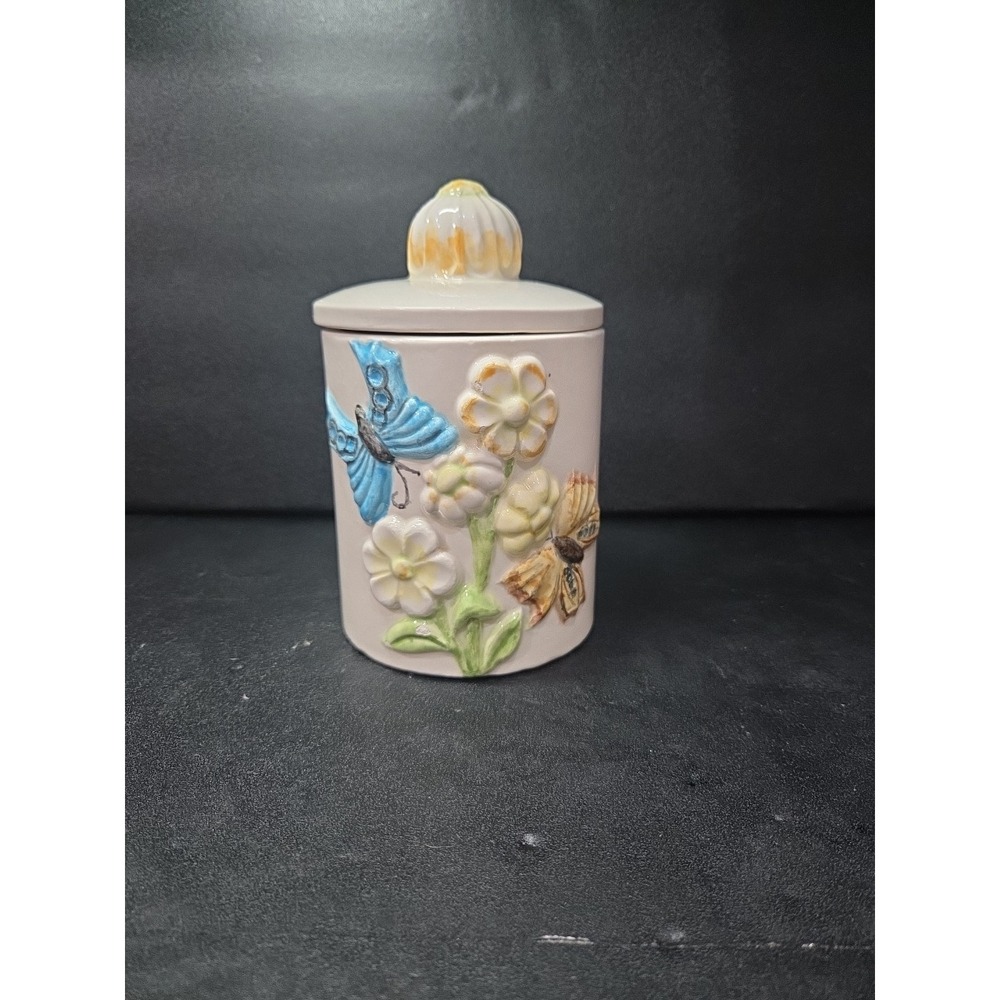 Handmade‎ Ceramic Butterfly Jar, Vintage Small Floral Canister, Butterfly Decor